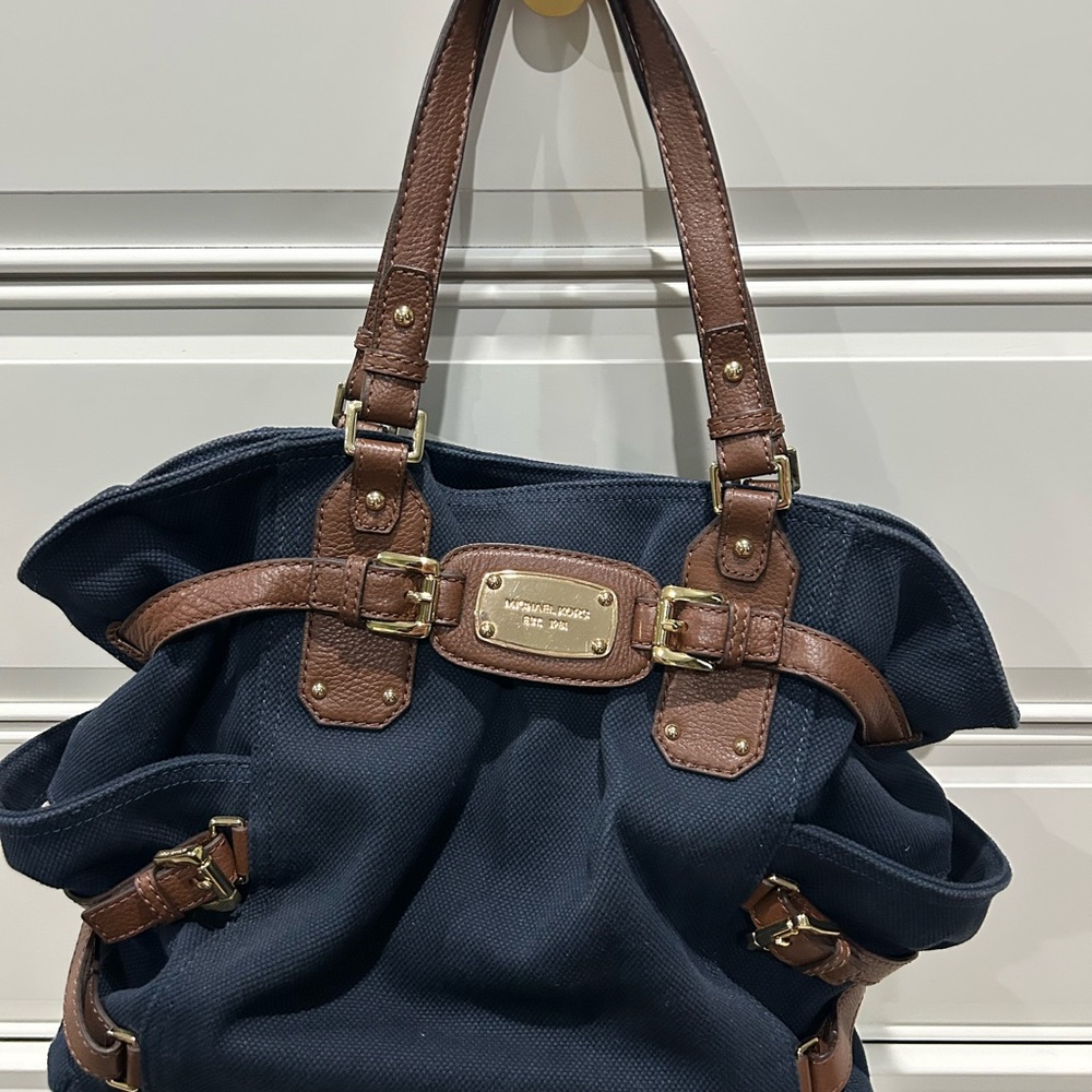 Michael Kors navy denim and brown leather purse